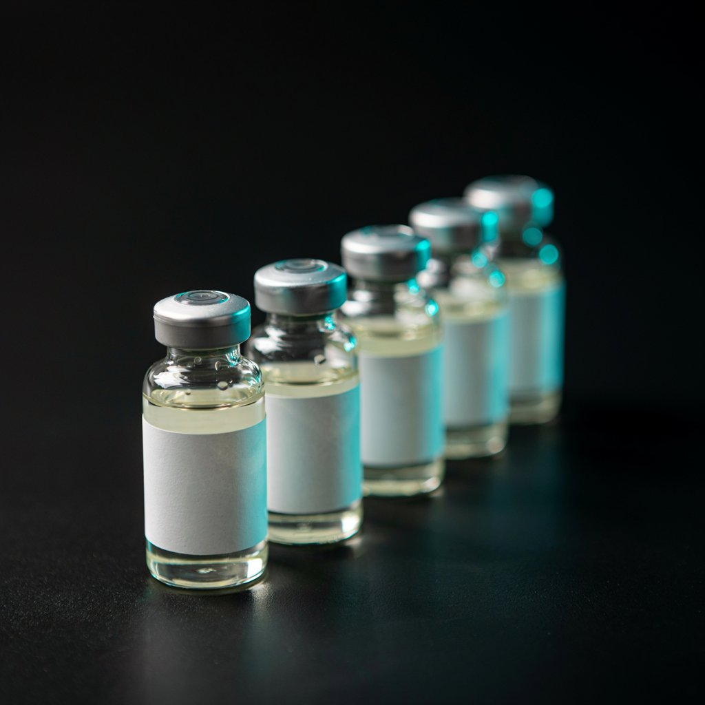 Research peptide vials under teal studio light
