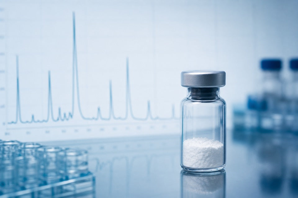 Research peptide vial on a laboratory bench